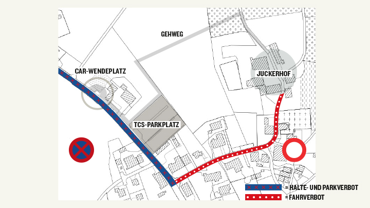 Übersicht über die Verkehrssituation in Seegräben. Blau: Halteverbot, Rot: Fahrverbot.
